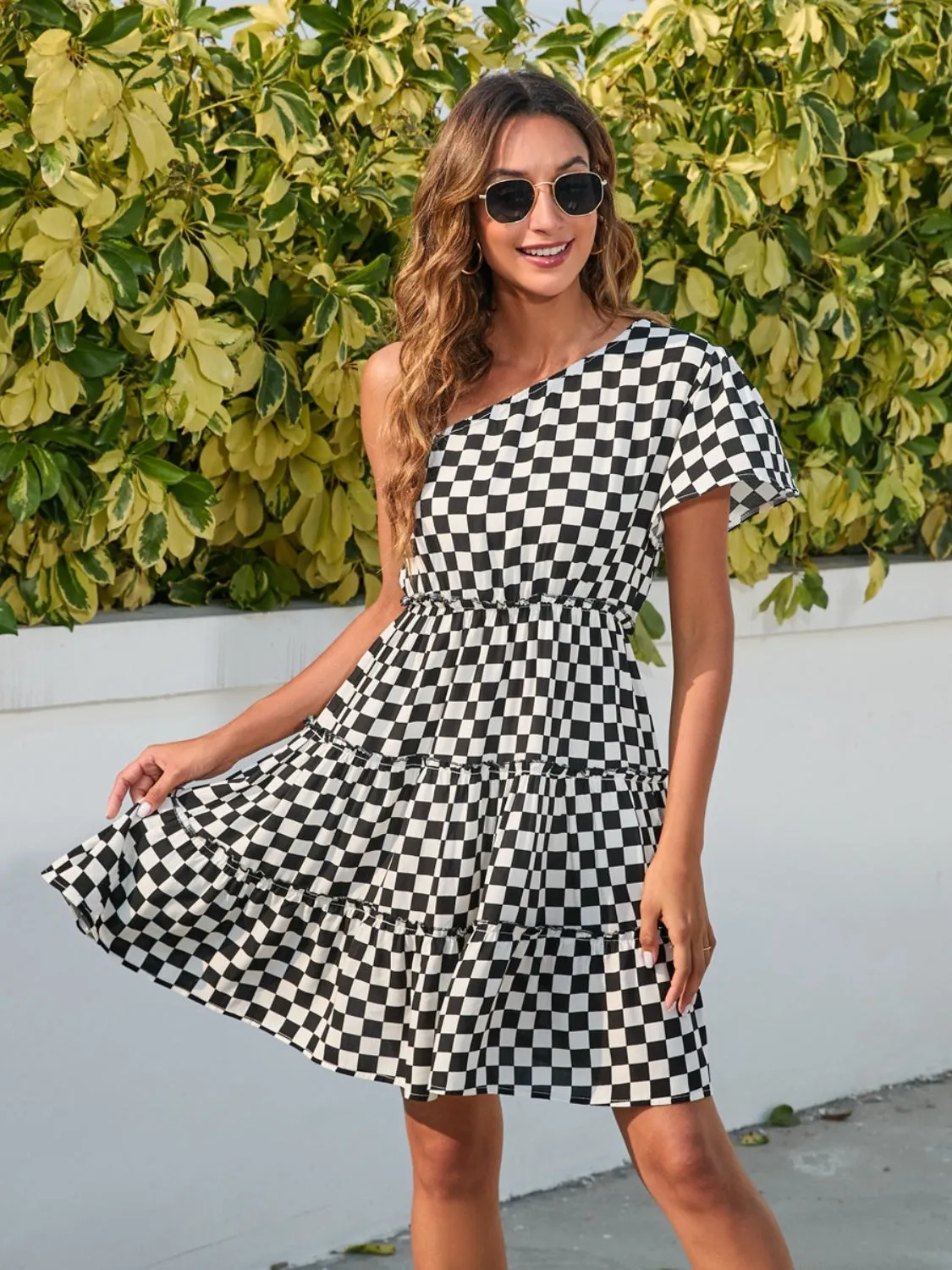 Checkered Single Shoulder Mini Dress sold by Charming Charlie product image thumbnail 3