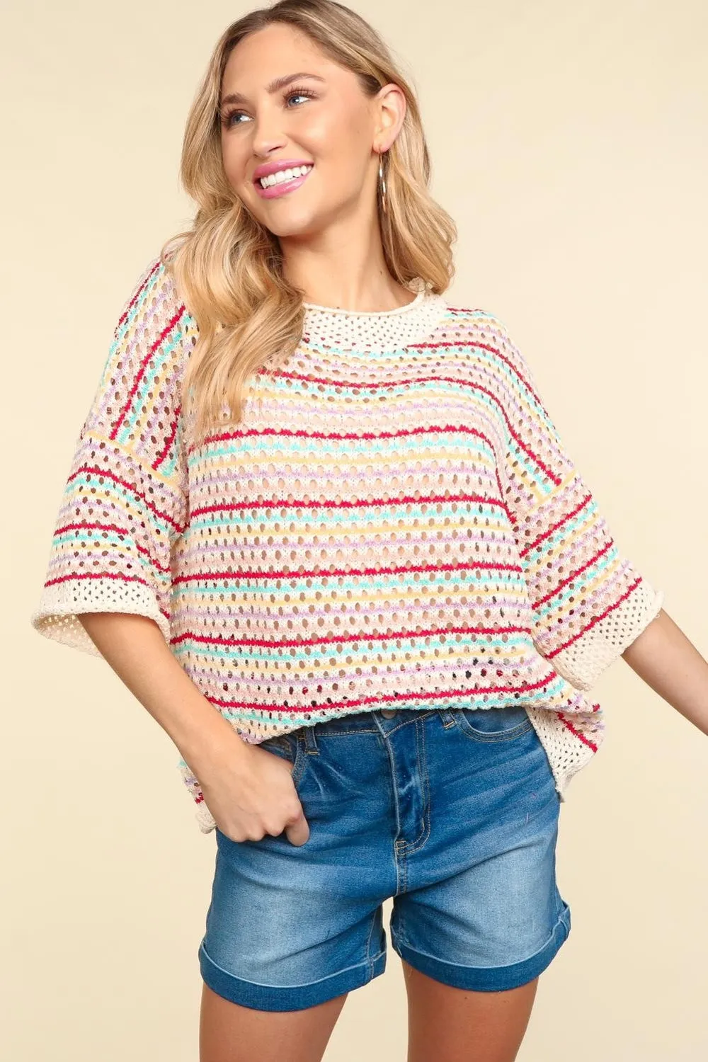 Haptics Striped Crochet Drop Shoulder Knit Top sold by Charming Charlie product image thumbnail 3