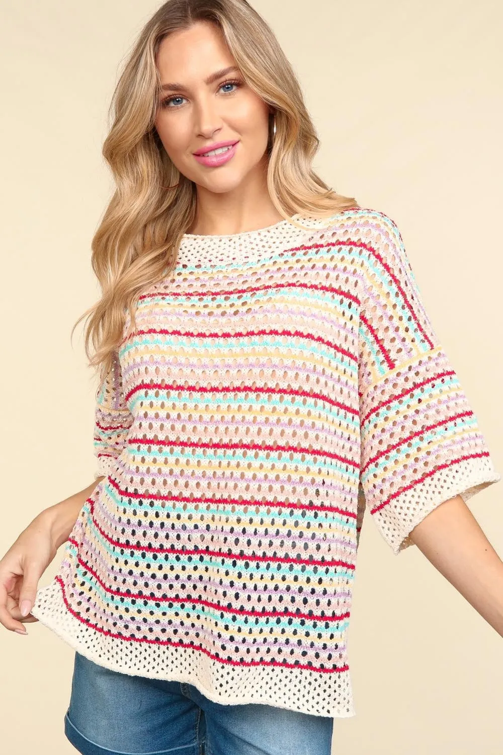 Haptics Striped Crochet Drop Shoulder Knit Top sold by Charming Charlie