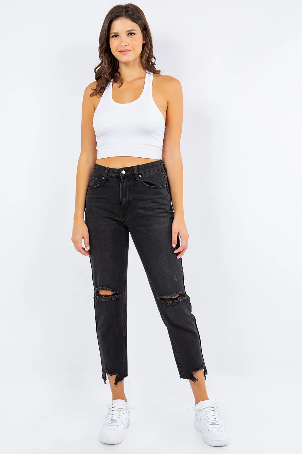 American Bazi High Waist Distressed Cropped Straight Jeans sold by Charming Charlie product image thumbnail 4