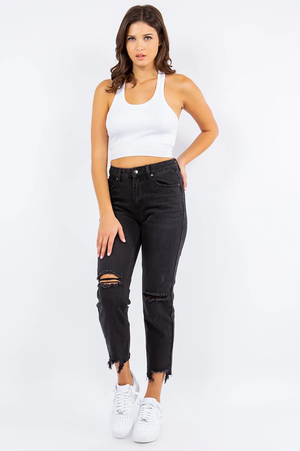 American Bazi High Waist Distressed Cropped Straight Jeans sold by Charming Charlie product image thumbnail 5