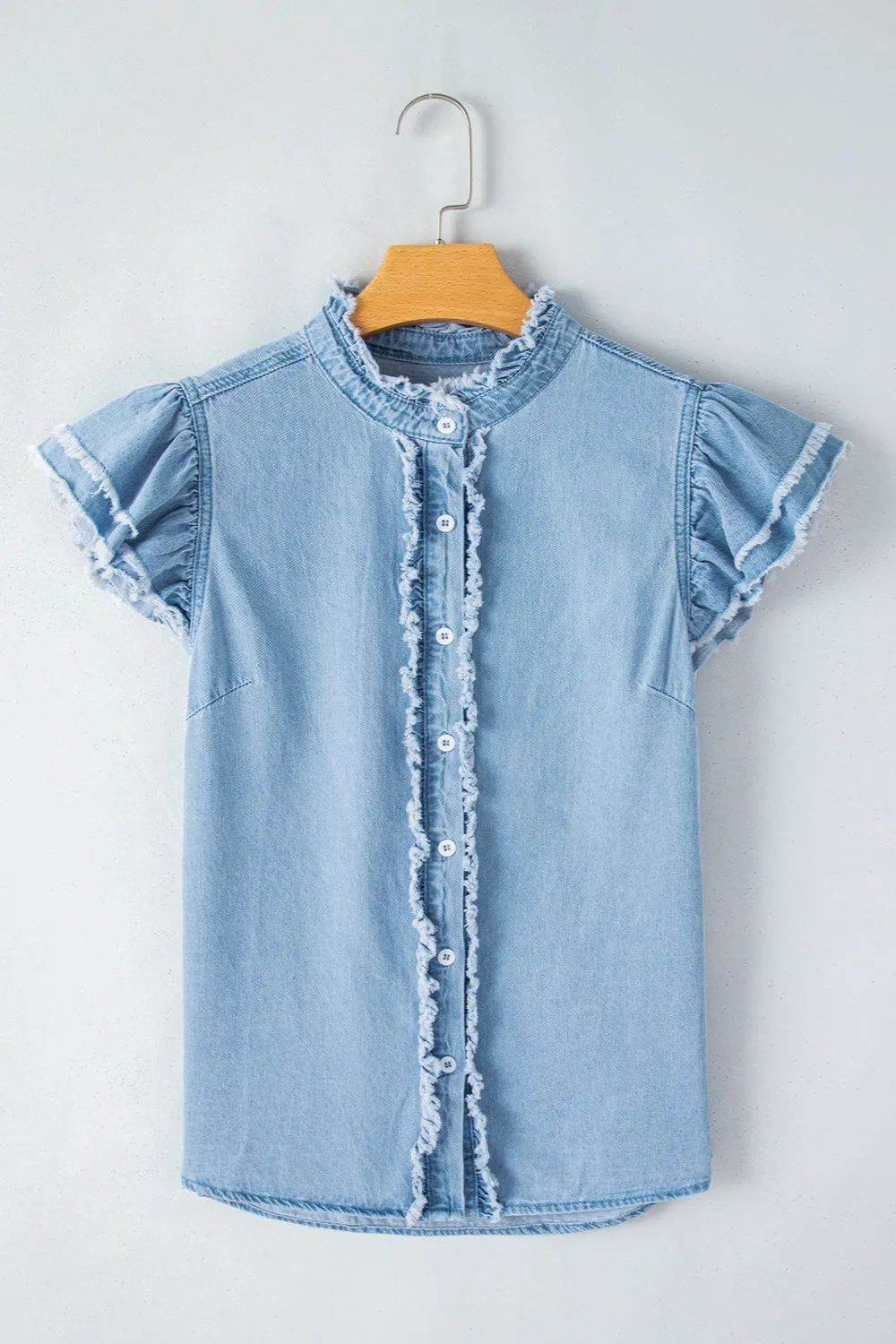 Raw Hem Button Up Cap Sleeve Denim Top sold by Charming Charlie product image thumbnail 5