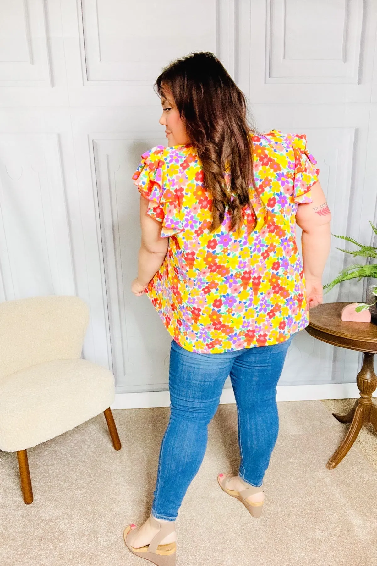 Flower Power Ivory & Red Floral Mock Neck Flutter Sleeve Top sold by Charming Charlie product image thumbnail 3