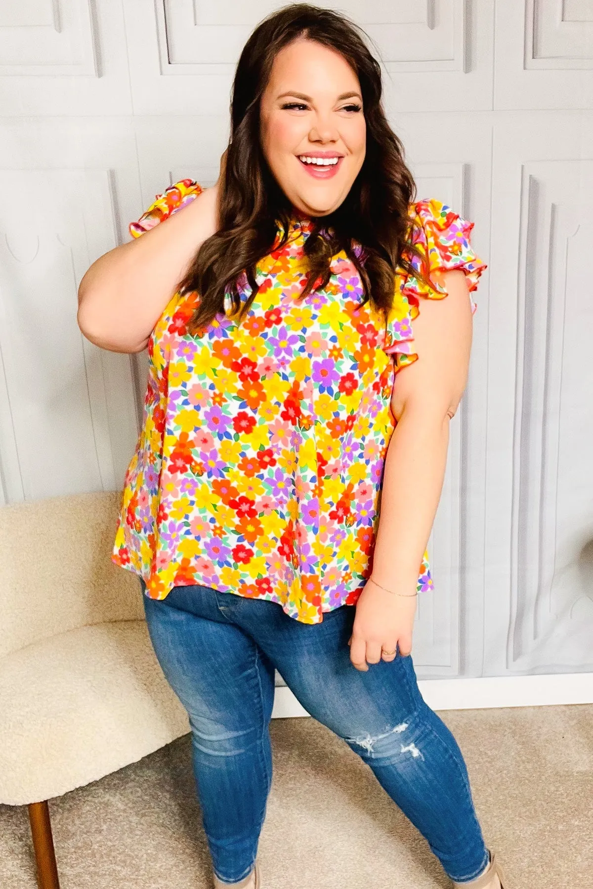 Flower Power Ivory & Red Floral Mock Neck Flutter Sleeve Top sold by Charming Charlie product image thumbnail 2