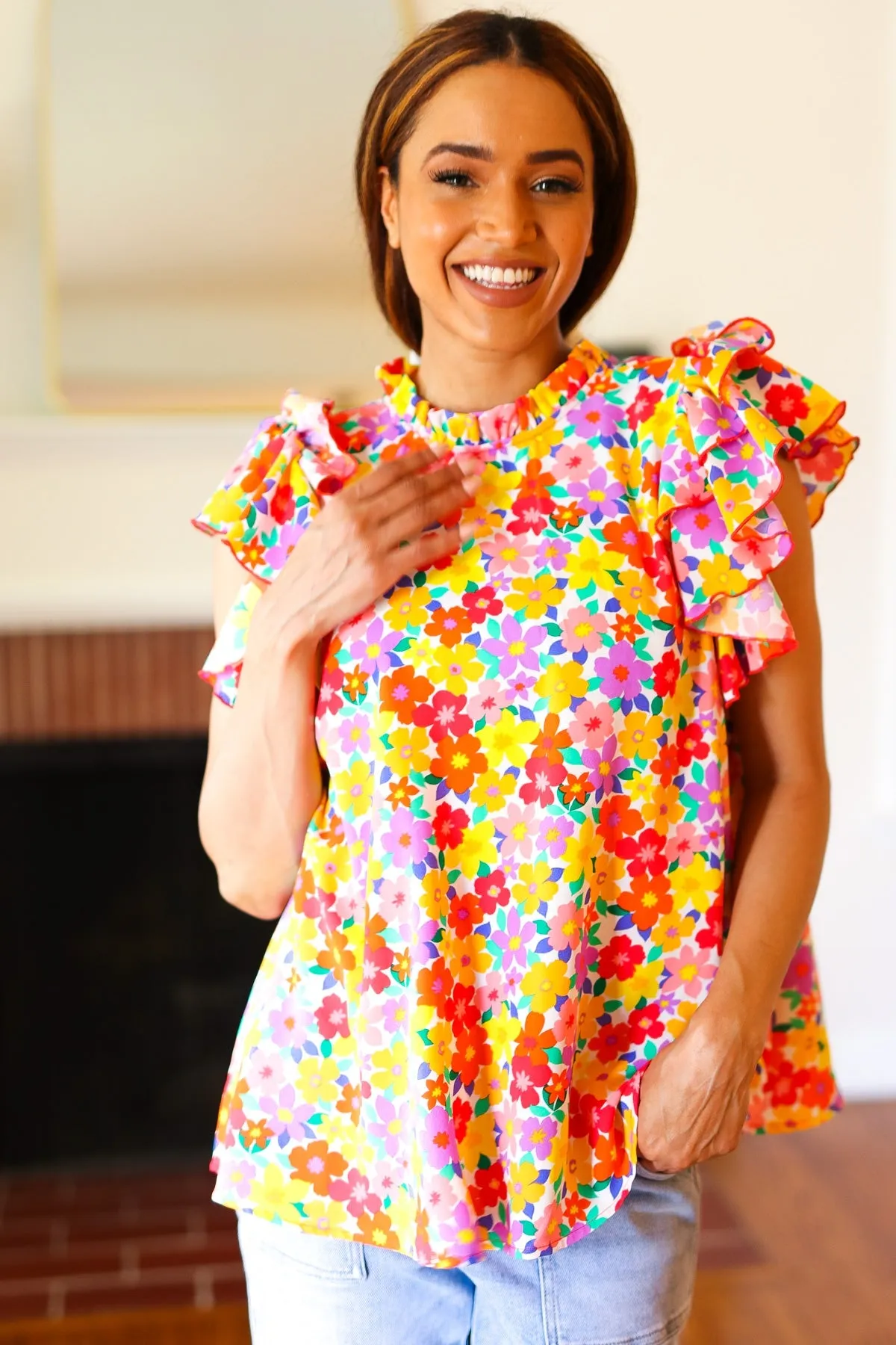 Flower Power Ivory & Red Floral Mock Neck Flutter Sleeve Top sold by Charming Charlie