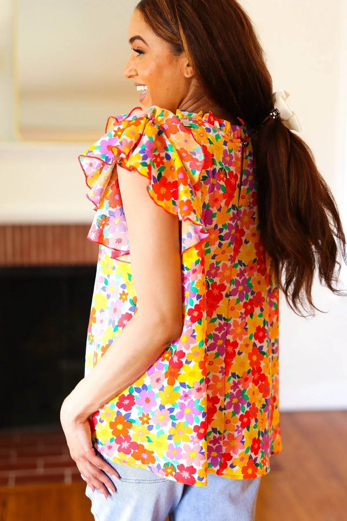 Flower Power Ivory & Red Floral Mock Neck Flutter Sleeve Top sold by Charming Charlie product image thumbnail 5