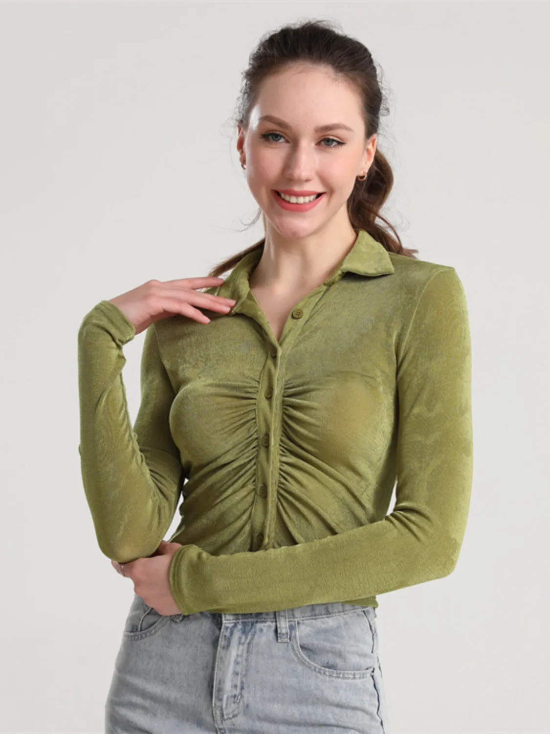 Ruched Button Up Long Sleeve T-Shirt sold by Charming Charlie product image thumbnail 4