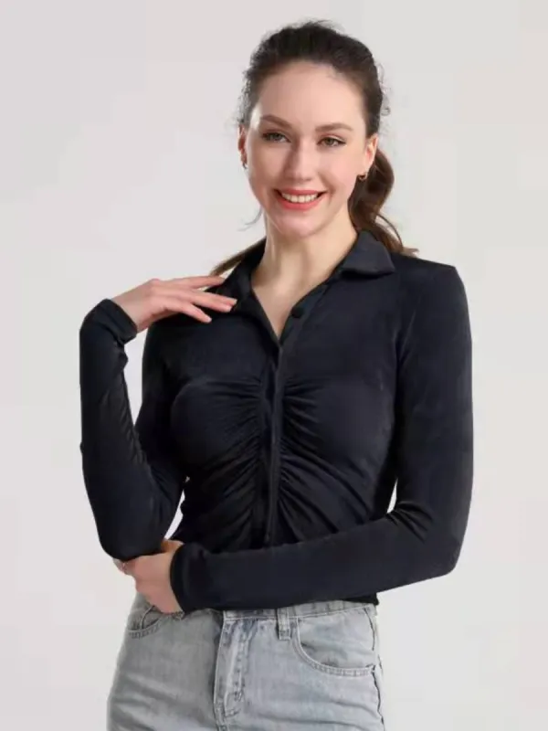 Ruched Button Up Long Sleeve T-Shirt sold by Charming Charlie