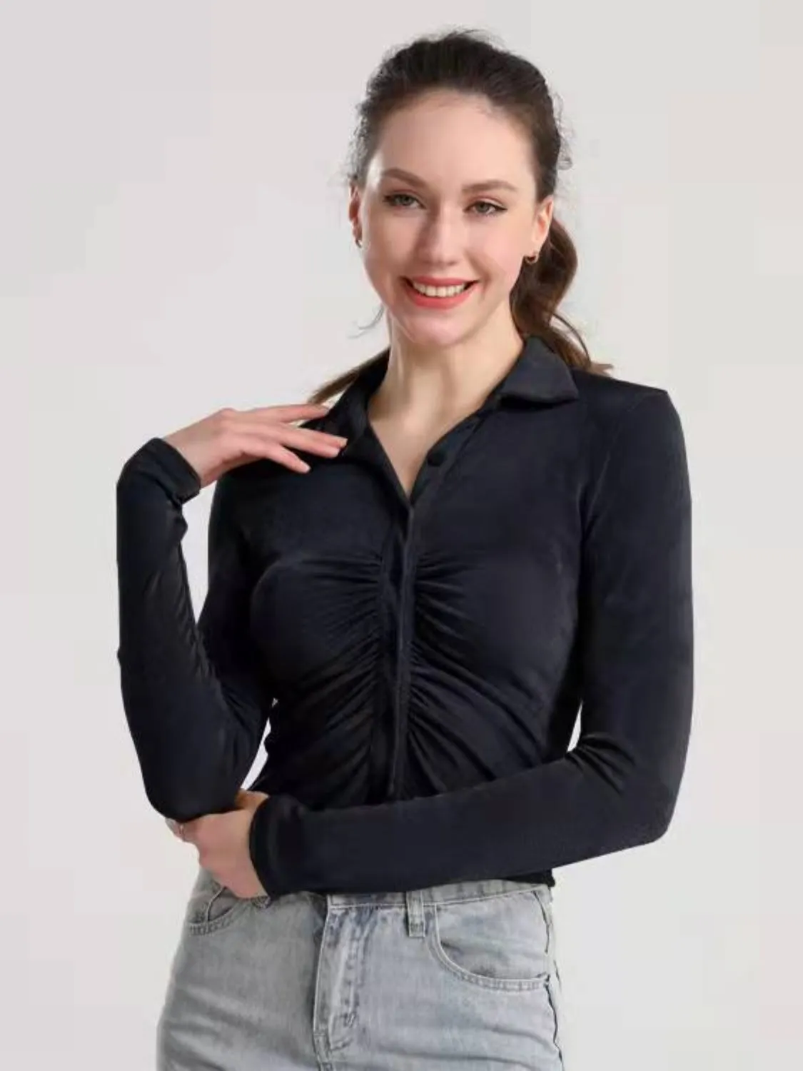 Ruched Button Up Long Sleeve T-Shirt sold by Charming Charlie