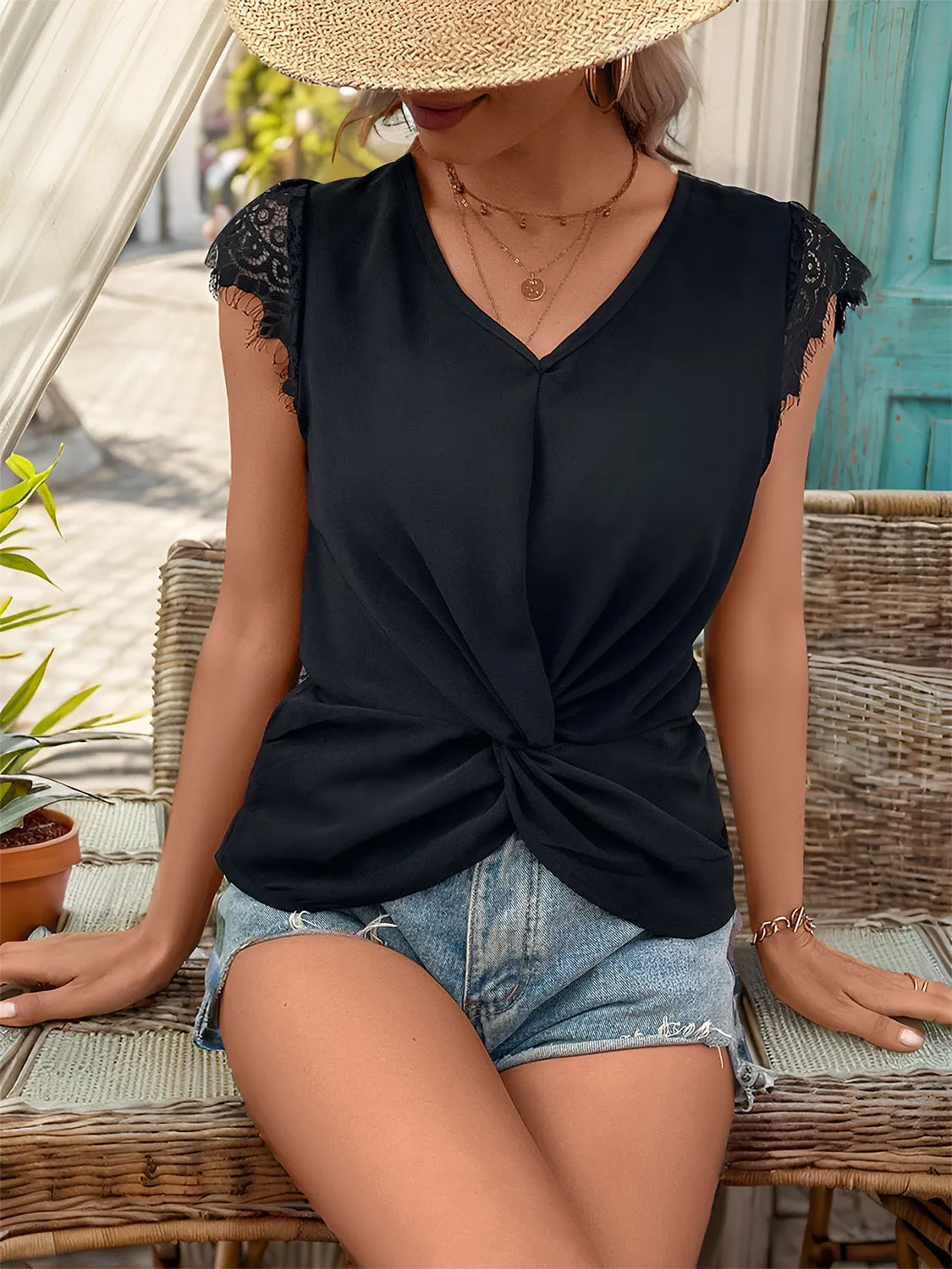 Lace Detail V-Neck Cap Sleeve T-Shirt sold by Charming Charlie product image thumbnail 4