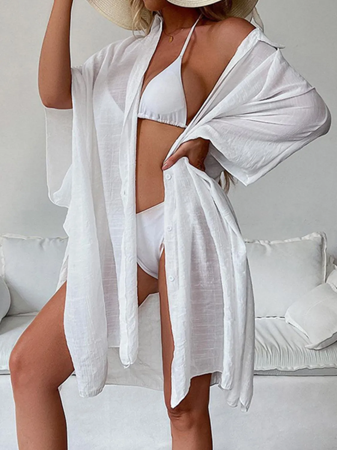 Button Up Three-Quarter Sleeve Cover Up sold by Charming Charlie product image thumbnail 3