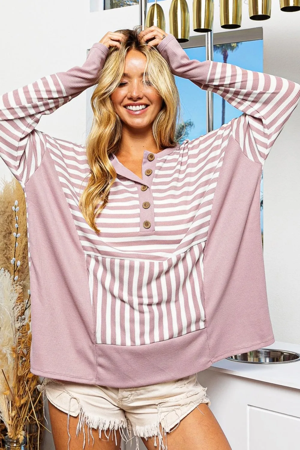 BiBi Striped Thumbhole Long Sleeve Top sold by Charming Charlie