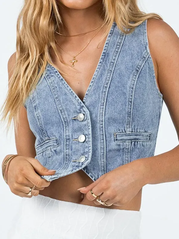 Button Up Sleeveless Denim Top sold by Charming Charlie