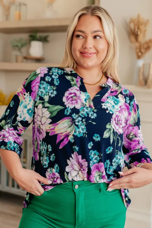Lizzy Top in Navy and Purple Floral sold by Charming Charlie