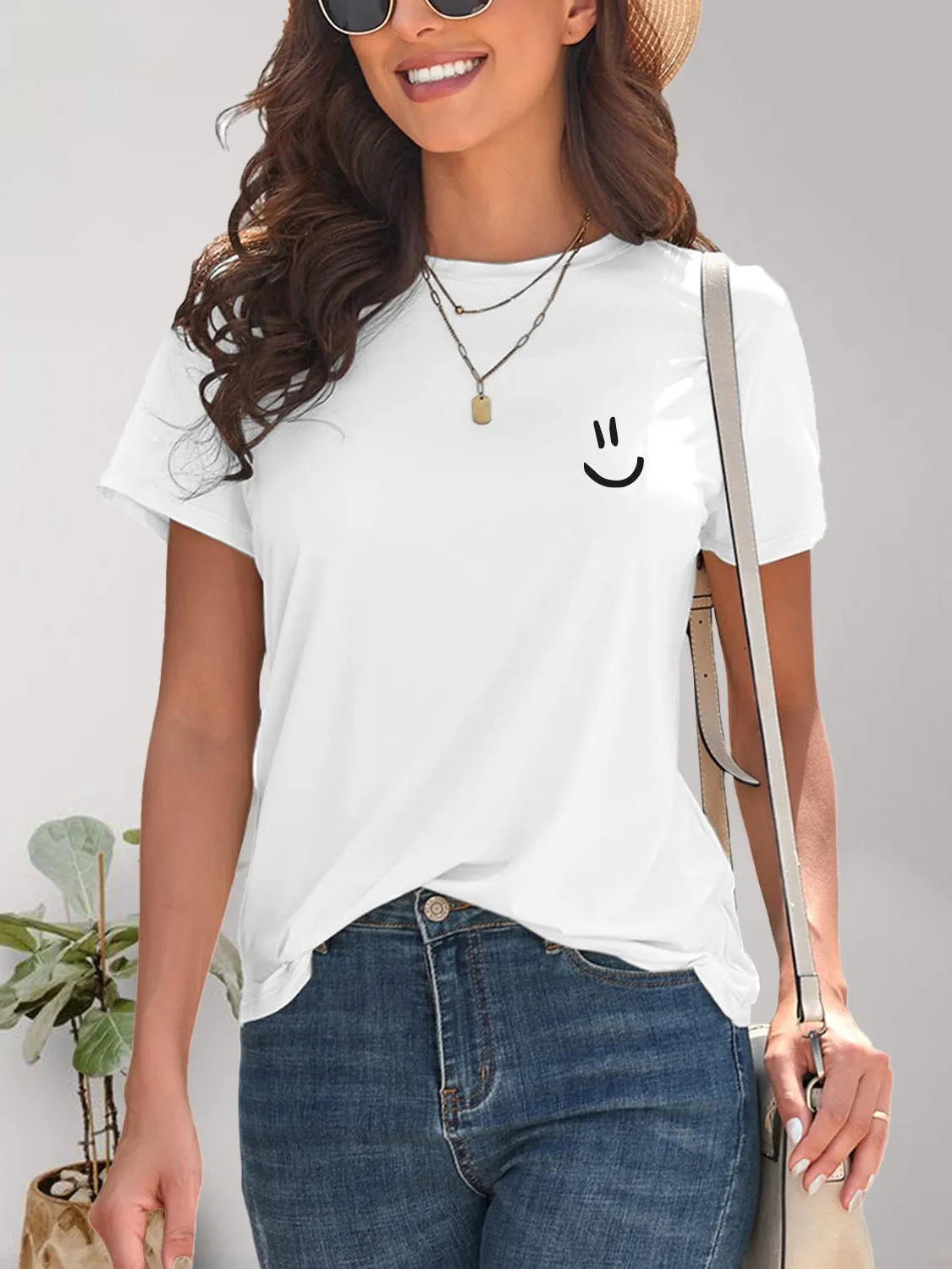 Smile Graphic Round Neck Short Sleeve T-Shirt sold by Charming Charlie