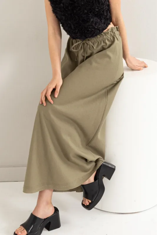 HYFVE Drawstring Washed Linen Maxi Skirt sold by Charming Charlie