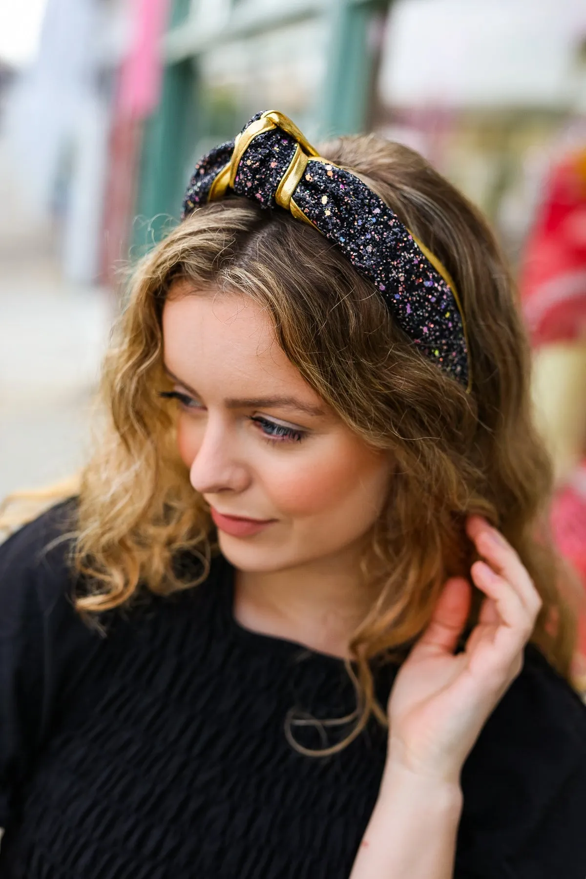 Black & Gold Glitter Top Knot Headband sold by Charming Charlie product image thumbnail 5