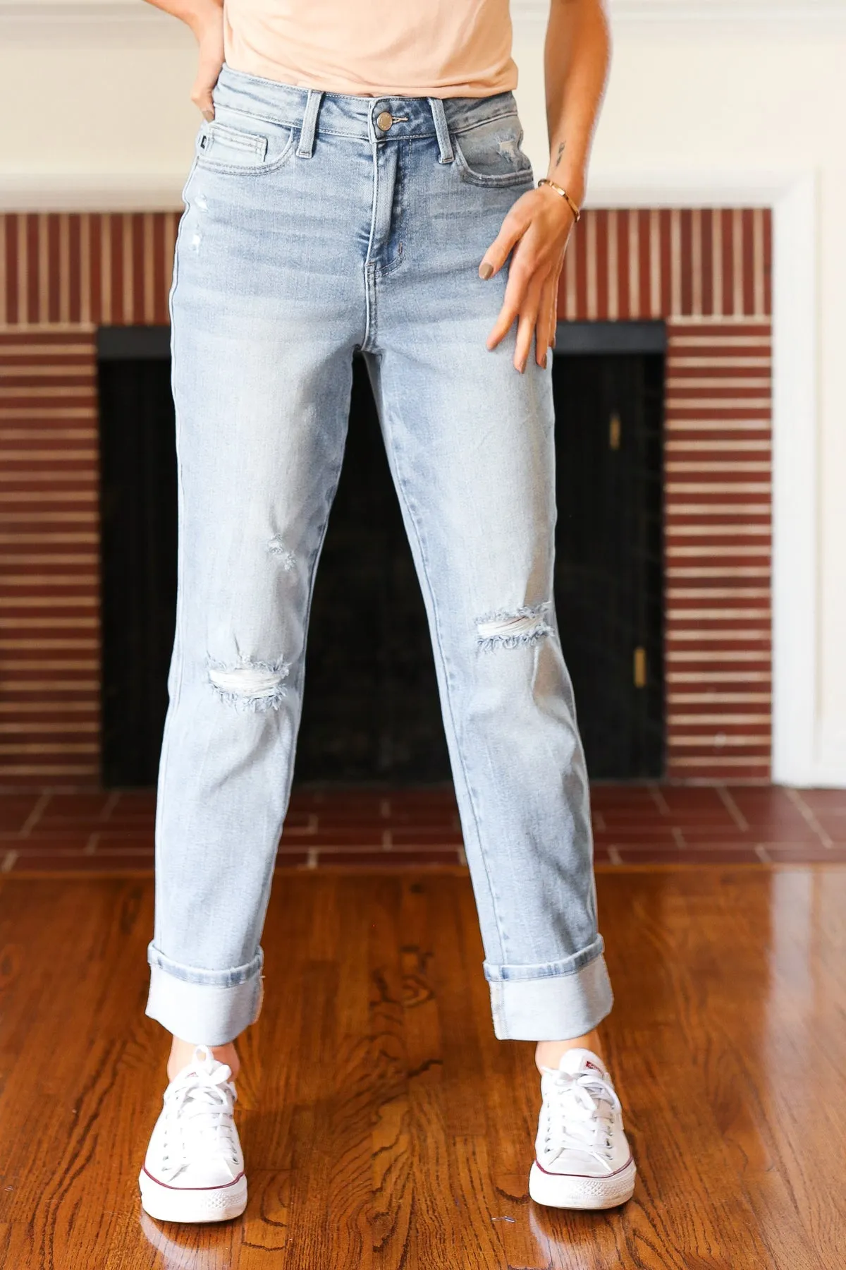 Judy Blue Light Wash Star Pocket Boyfriend Fit Cuffed Jeans sold by Charming Charlie product image thumbnail 4