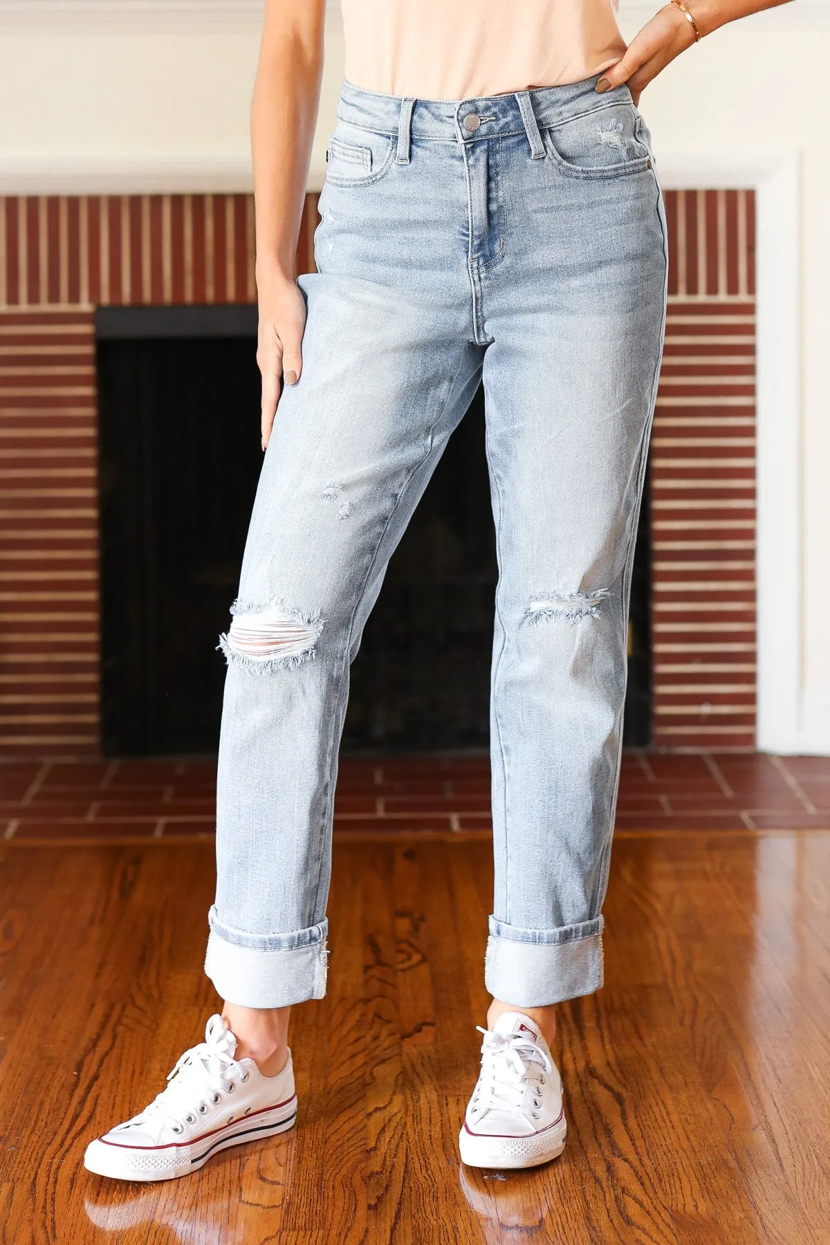 Judy Blue Light Wash Star Pocket Boyfriend Fit Cuffed Jeans sold by Charming Charlie product image thumbnail 2