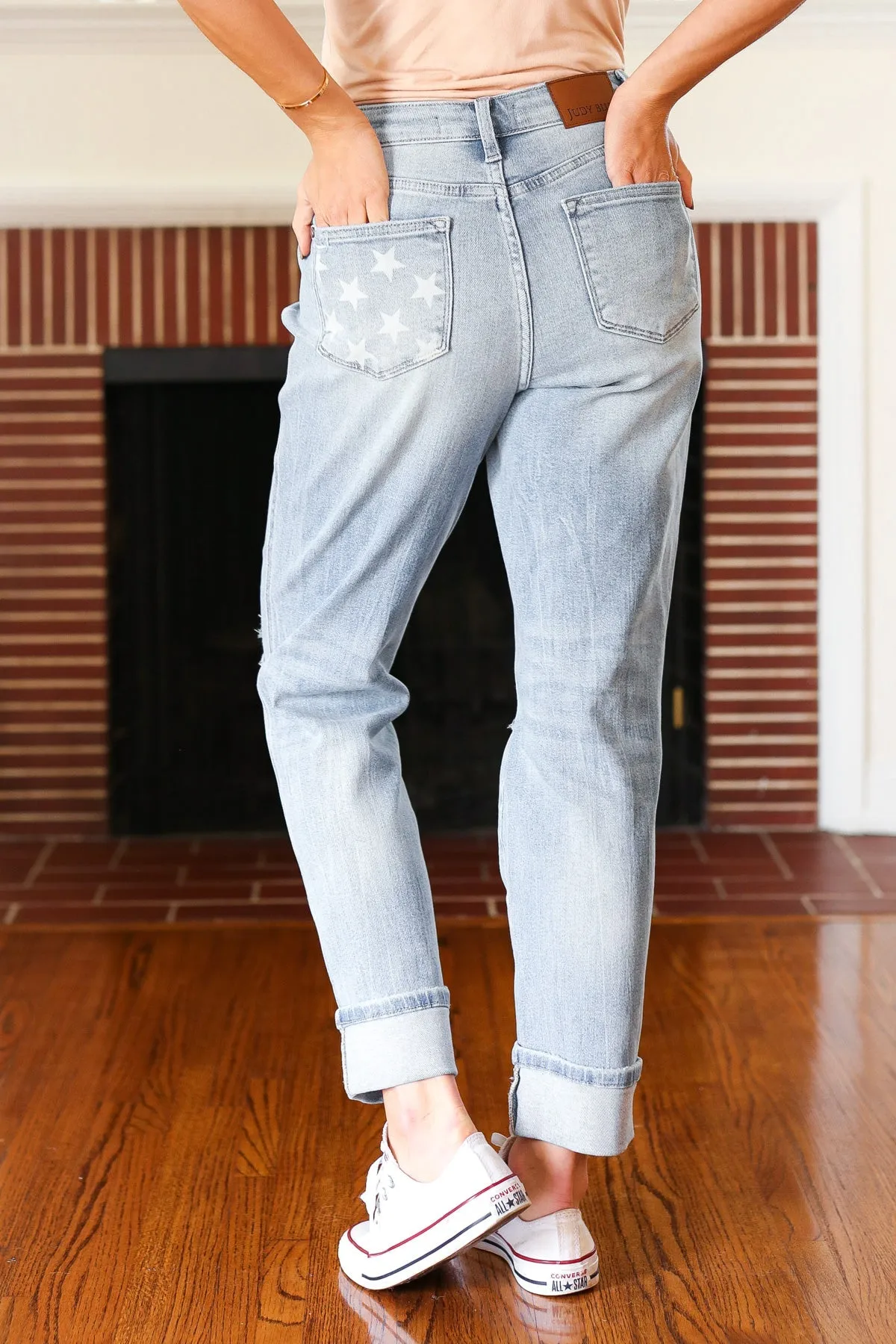 Judy Blue Light Wash Star Pocket Boyfriend Fit Cuffed Jeans sold by Charming Charlie
