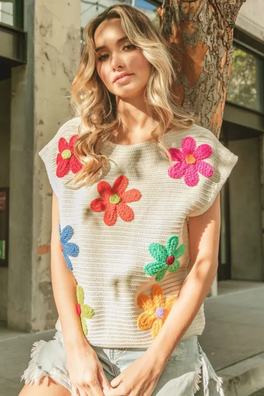 BiBi Flower Round Neck Cap Sleeve Knit Top sold by Charming Charlie