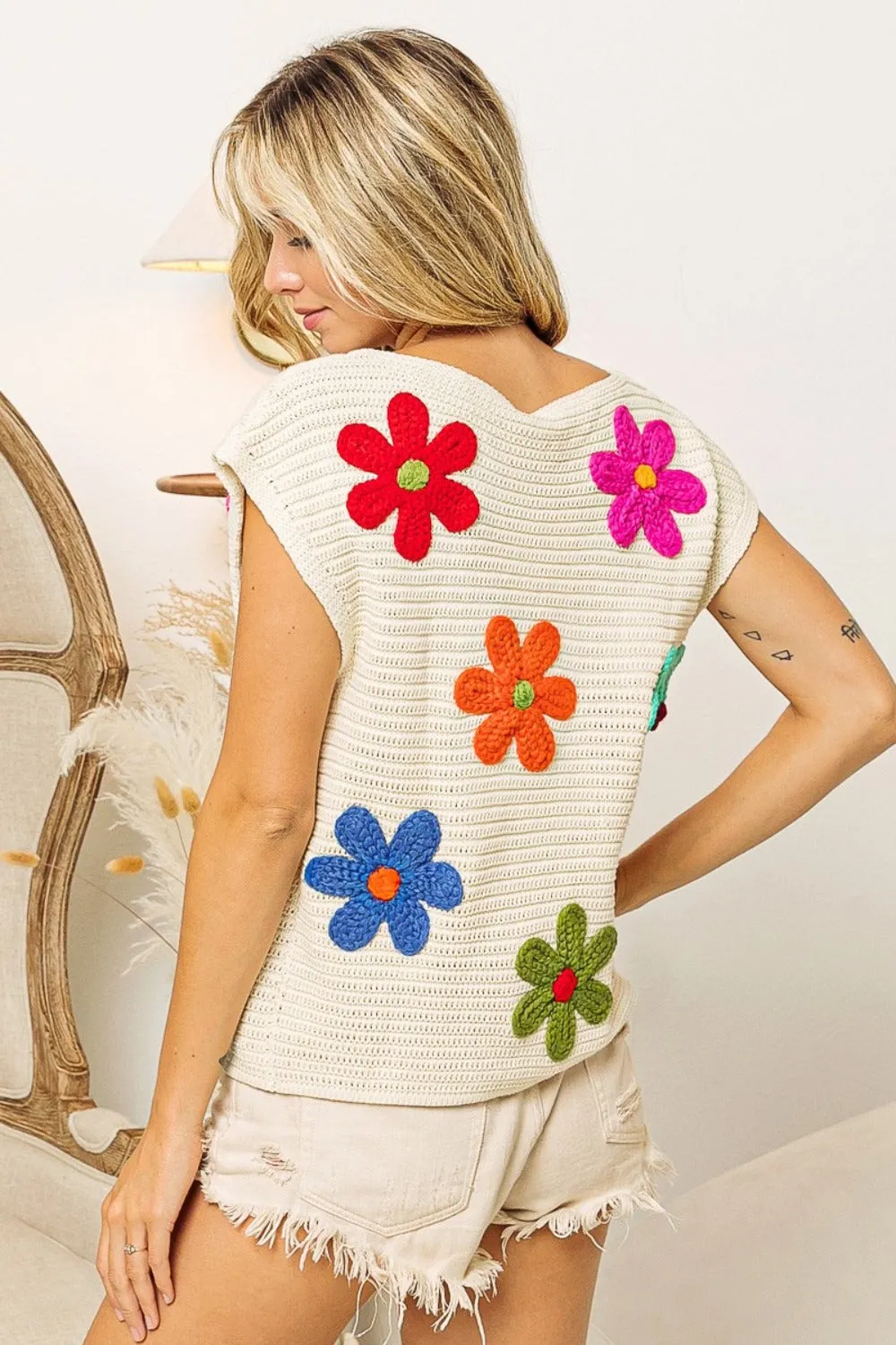 BiBi Flower Round Neck Cap Sleeve Knit Top sold by Charming Charlie product image thumbnail 2