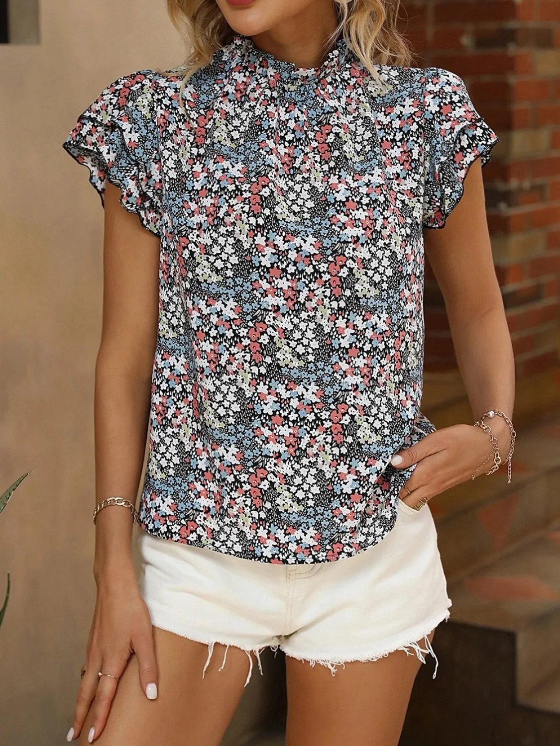 Floral Mock Neck Cap Sleeve Blouse sold by Charming Charlie product image thumbnail 2