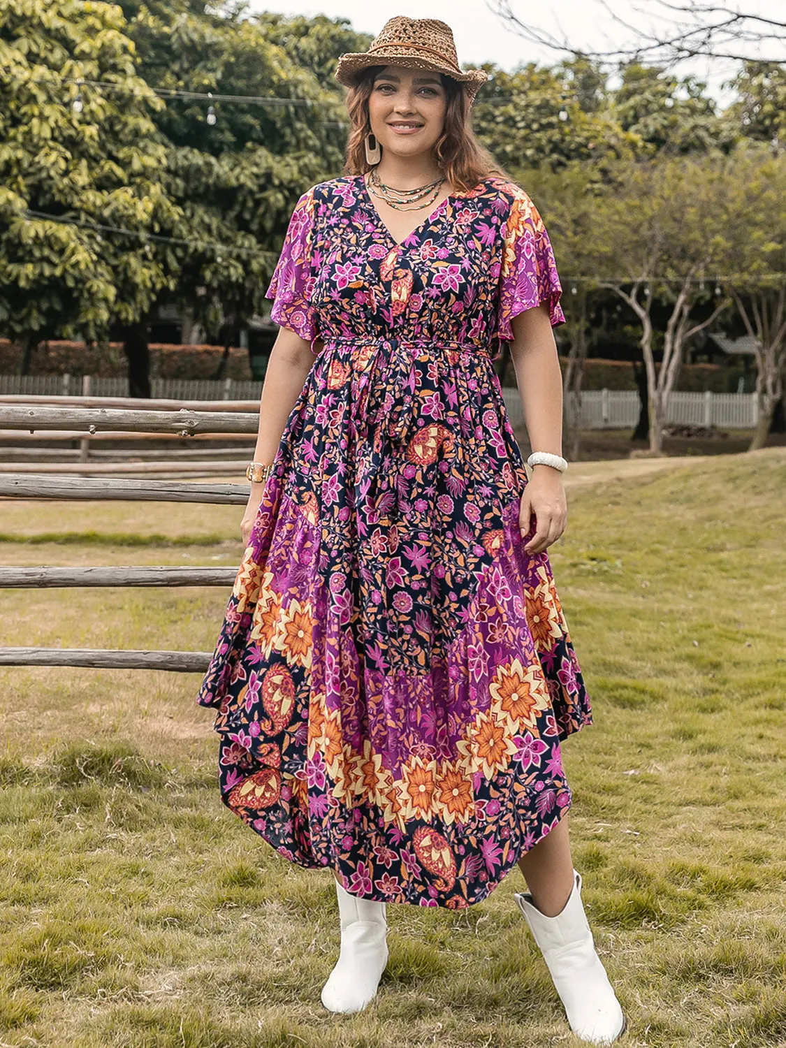 Plus Size Printed V-Neck Flutter Sleeve Midi Dress sold by Charming Charlie product image thumbnail 4