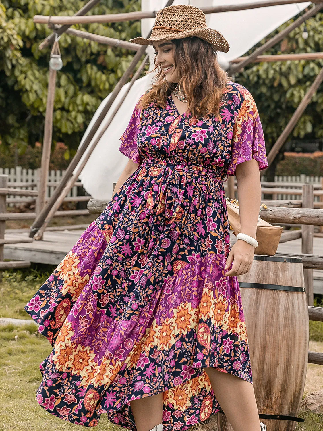 Plus Size Printed V-Neck Flutter Sleeve Midi Dress sold by Charming Charlie