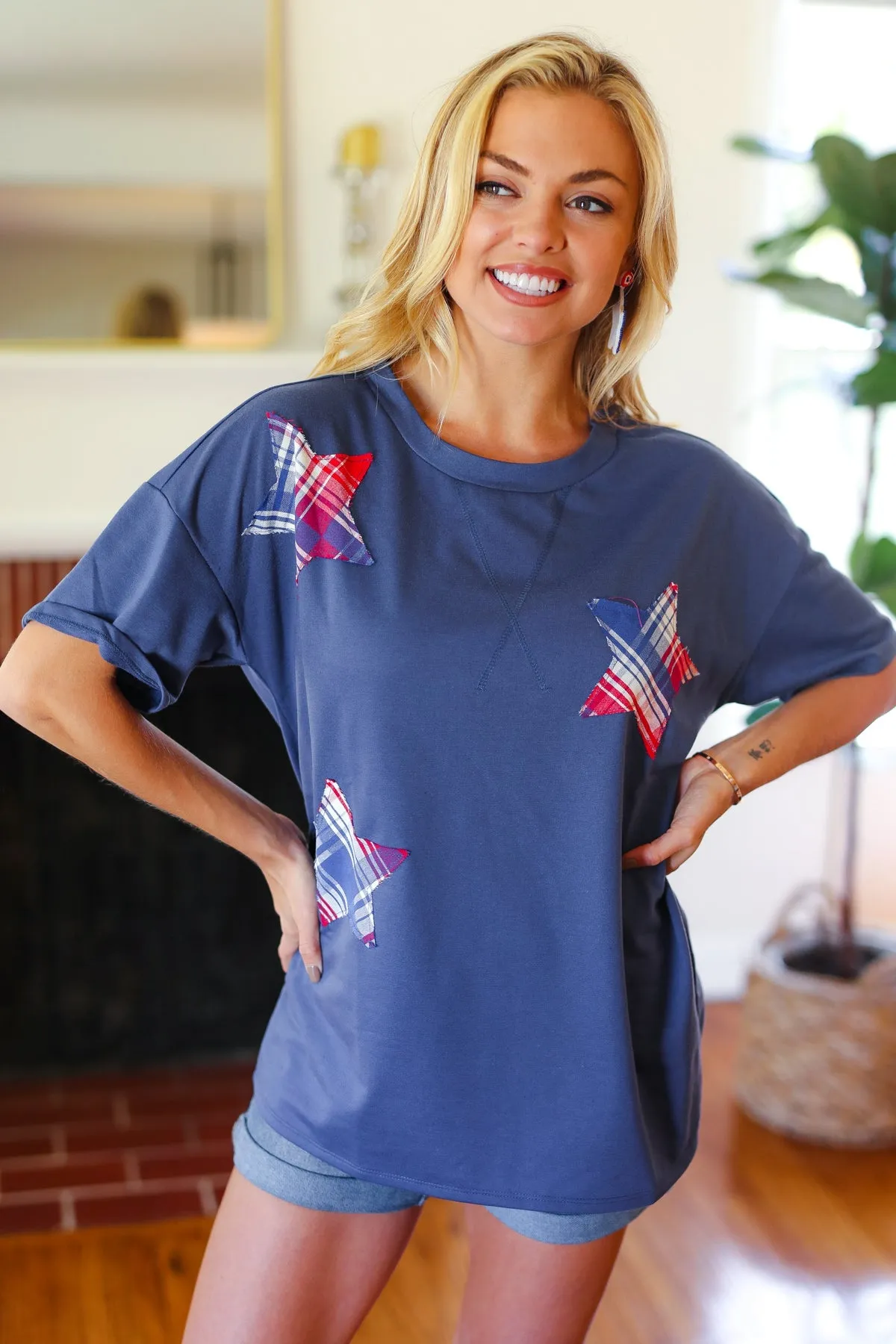 Patriotic Denim Blue French Terry Plaid Start Patch Top sold by Charming Charlie product image thumbnail 2
