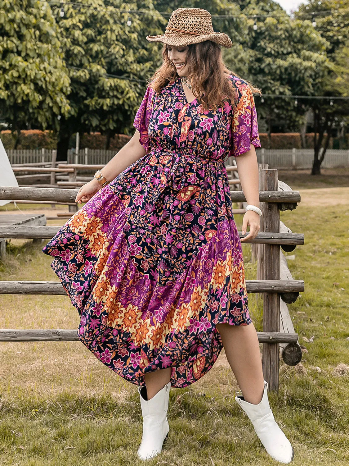 Plus Size Printed V-Neck Flutter Sleeve Midi Dress sold by Charming Charlie product image thumbnail 5