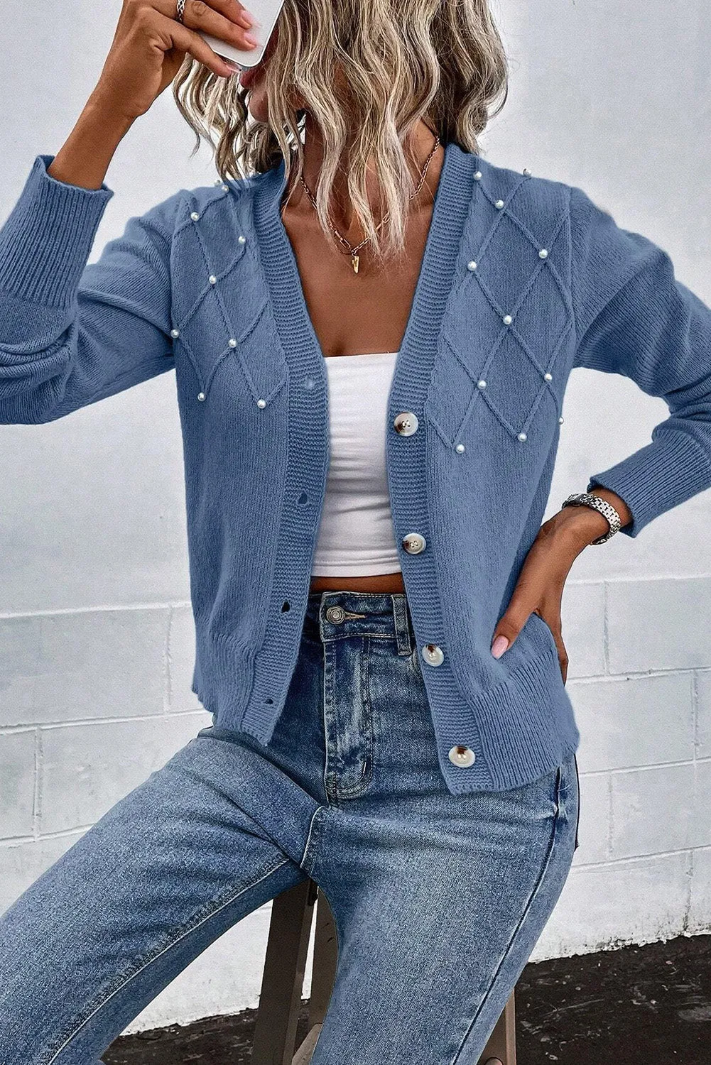 Pearl Trim Button Up Cardigan sold by Charming Charlie product image thumbnail 3