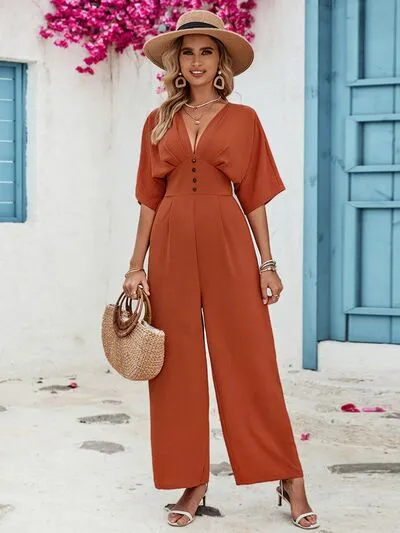 Decorative Button V-Neck Half Sleeve Jumpsuit sold by Charming Charlie product image thumbnail 3