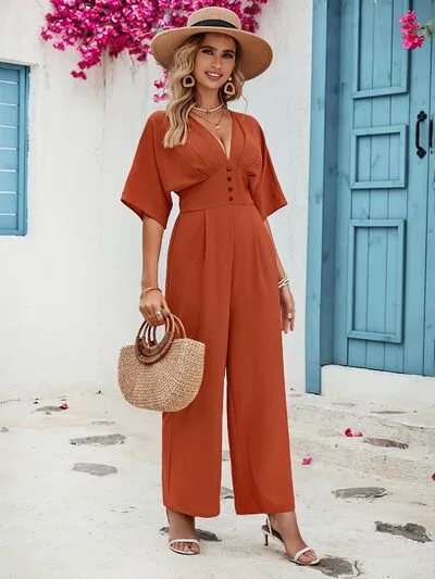 Decorative Button V-Neck Half Sleeve Jumpsuit sold by Charming Charlie product image thumbnail 4