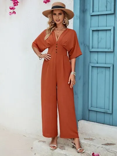 Decorative Button V-Neck Half Sleeve Jumpsuit sold by Charming Charlie
