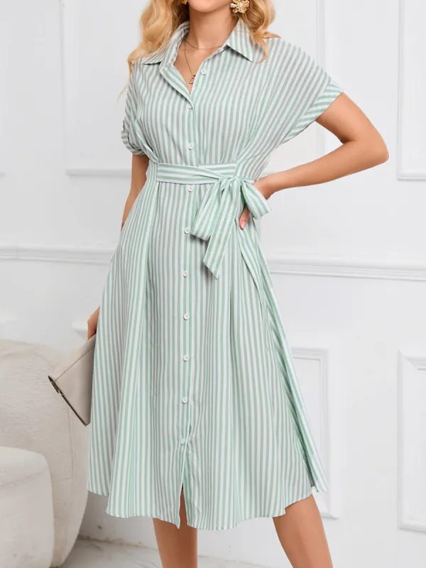 Striped Short Sleeve Tie Waist Midi Dress sold by Charming Charlie