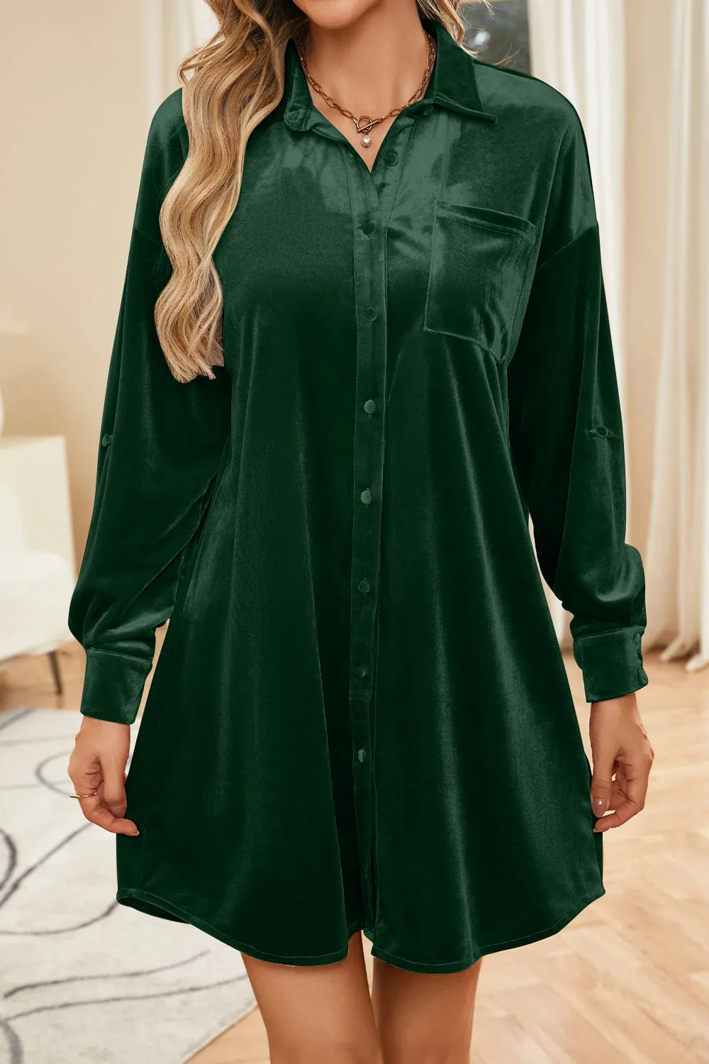 Velvet Collared Neck Long Sleeve Mini Dress sold by Charming Charlie