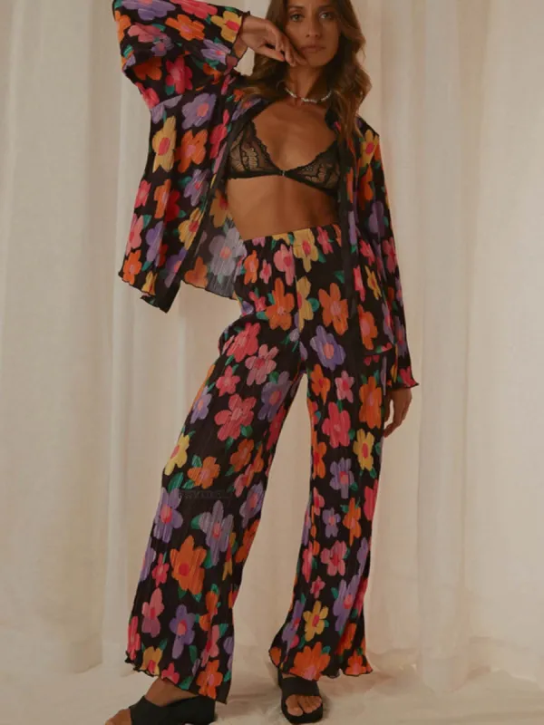 Printed Collared Neck Long Sleeve Top and Pants Lounge Set sold by Charming Charlie