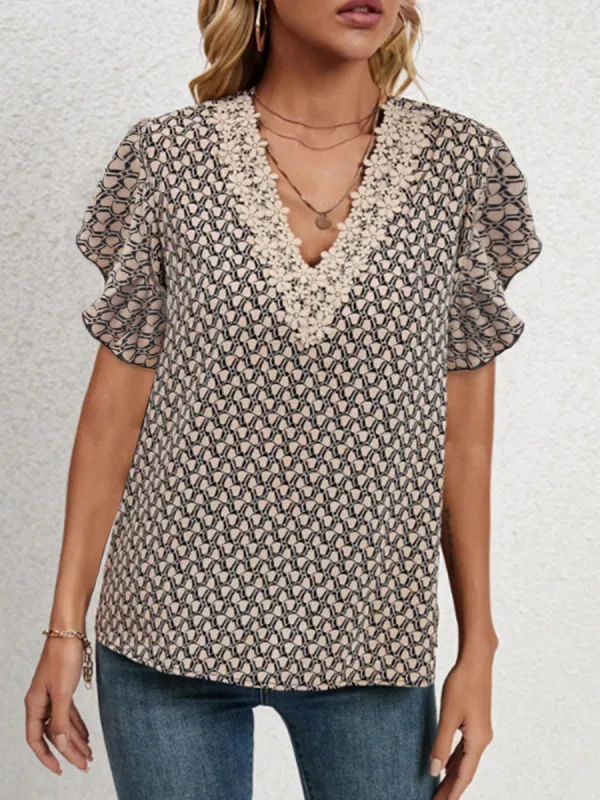 Lace Detail Printed V-Neck Flounce Sleeve Blouse sold by Charming Charlie