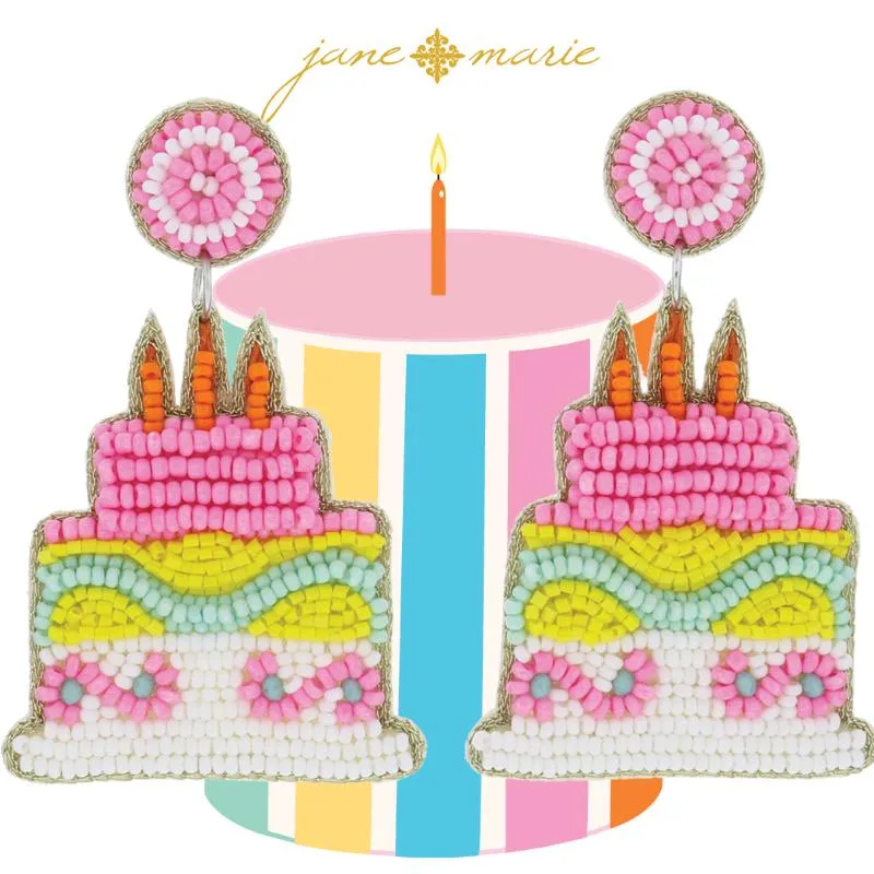 Pink and White Beaded Post with Multi Beaded 2-Tier Birthday Cake Earrings, 2.75" Top to Bottom sold by Charming Charlie