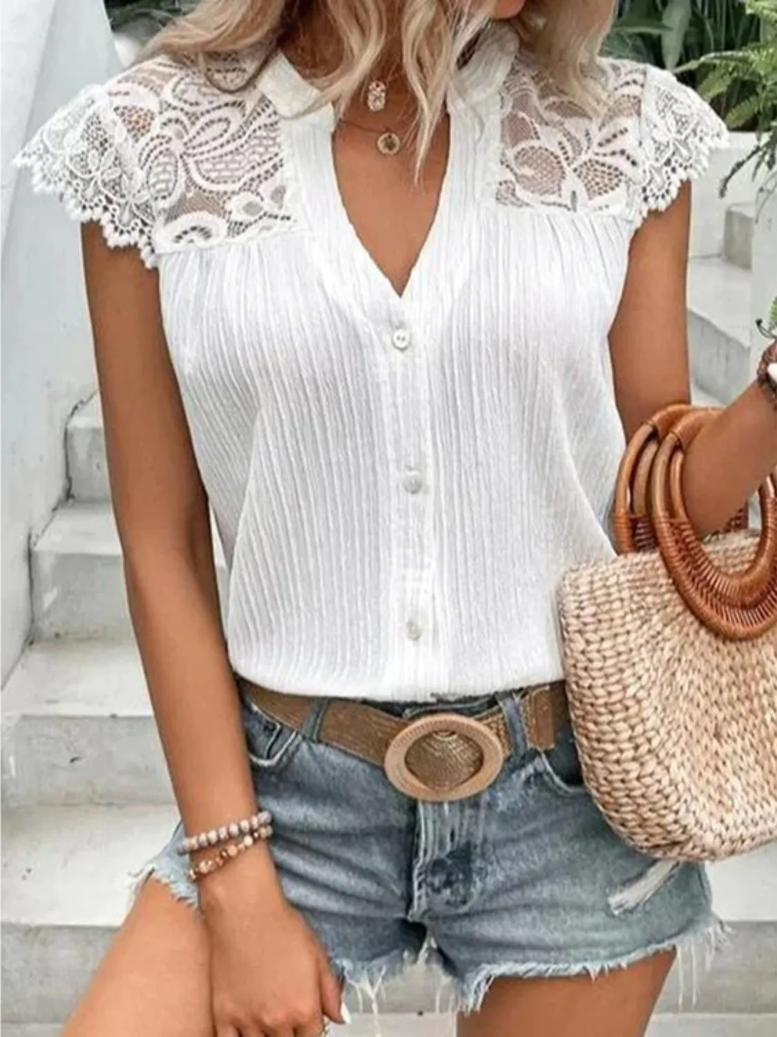 Lace Detail Notched Cap Sleeve Blouse sold by Charming Charlie product image thumbnail 5