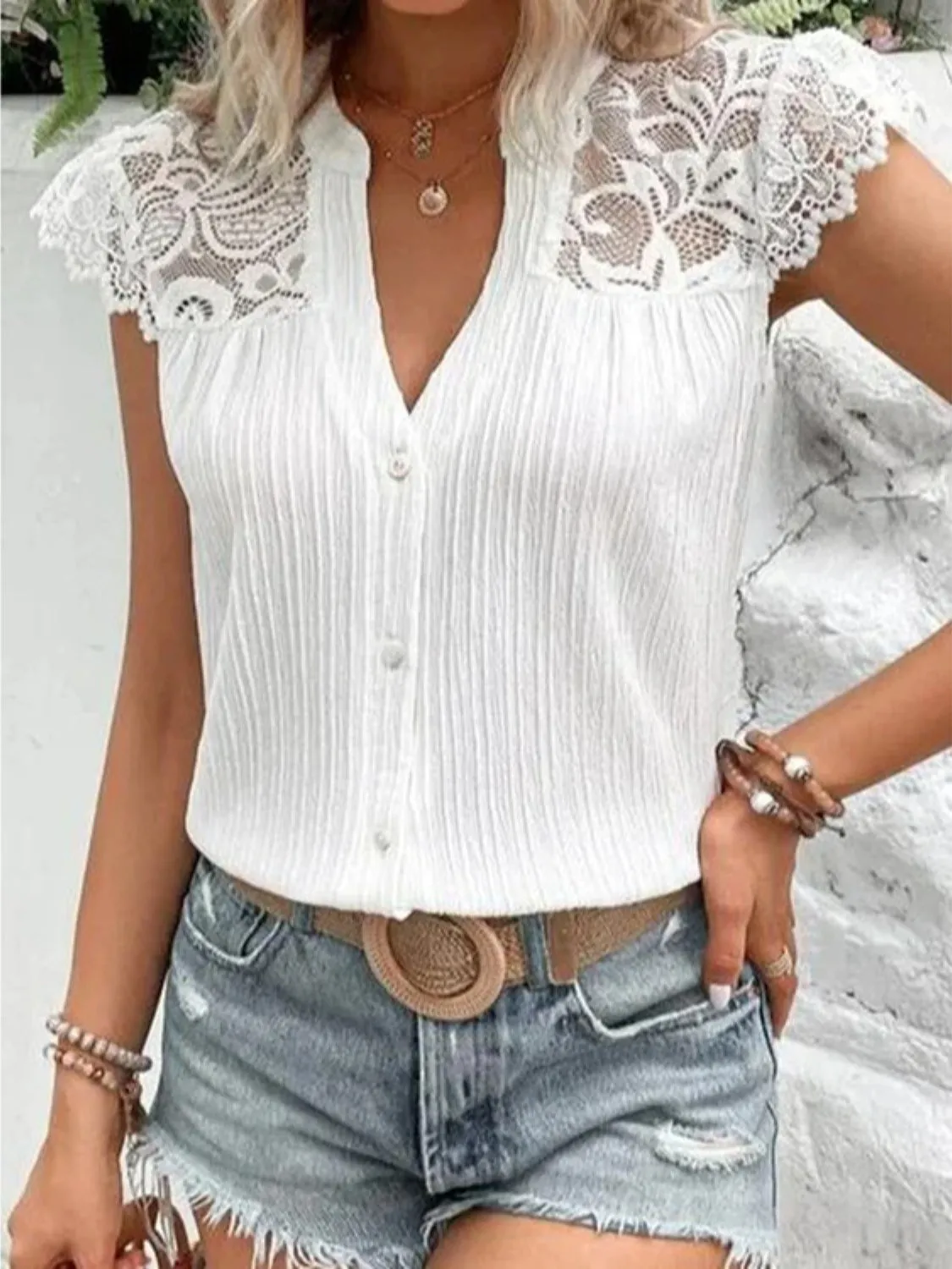 Lace Detail Notched Cap Sleeve Blouse sold by Charming Charlie