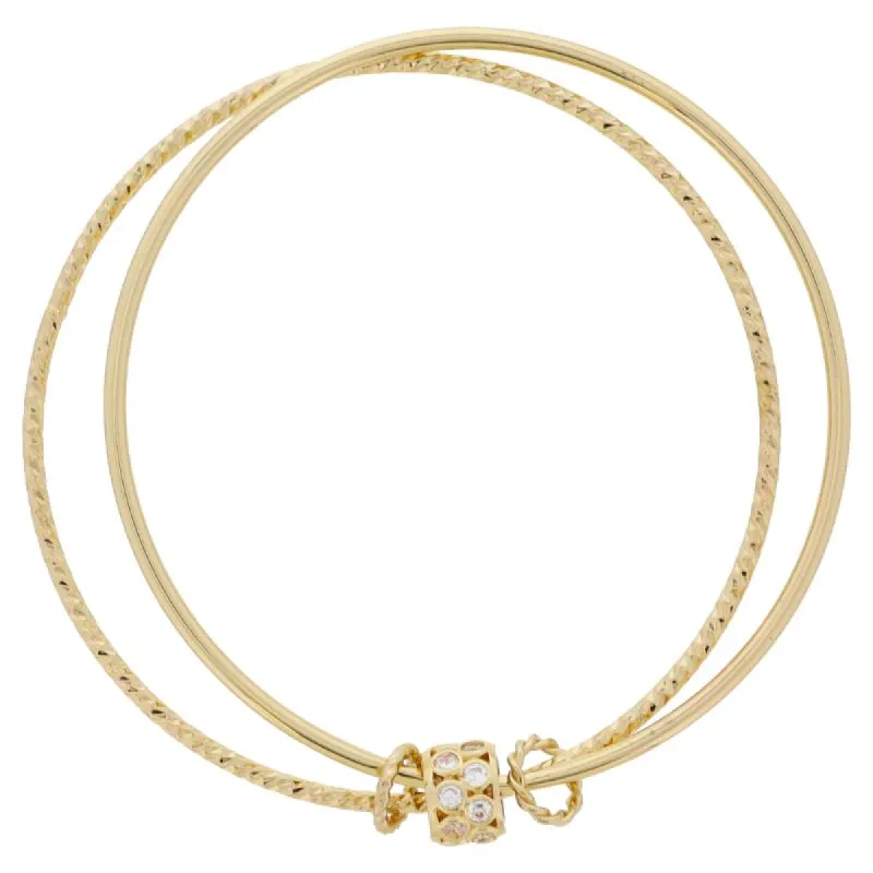 Circle Crystal Gold Rondel & Rings on Gold Textured Bangle & Smooth Bangle Bracelet, 9" Around sold by Charming Charlie