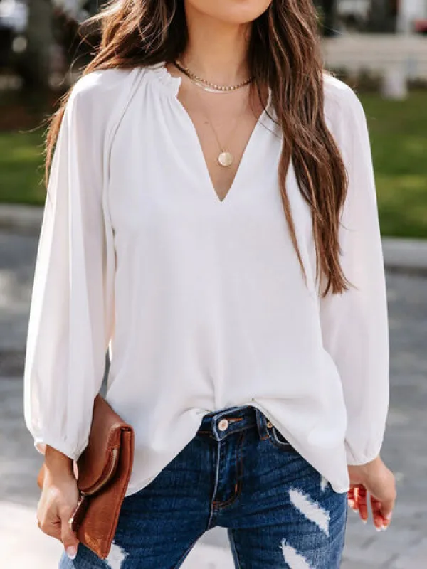 Ruched Notched Balloon Sleeve Blouse sold by Charming Charlie