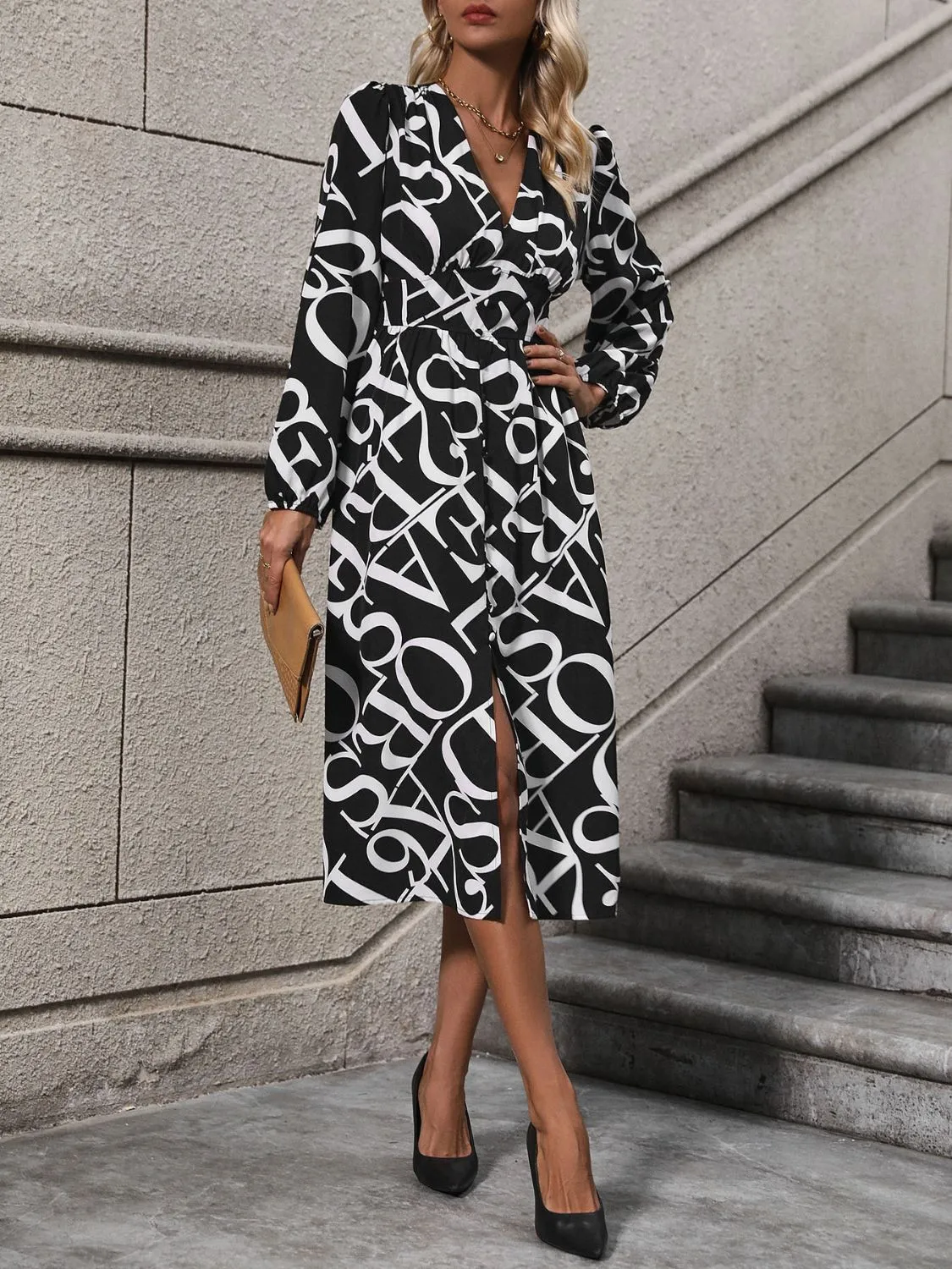 Printed V-Neck Long Sleeve Midi Dress sold by Charming Charlie product image thumbnail 4