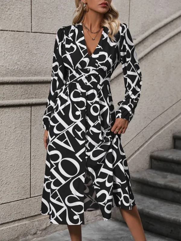 Printed V-Neck Long Sleeve Midi Dress sold by Charming Charlie