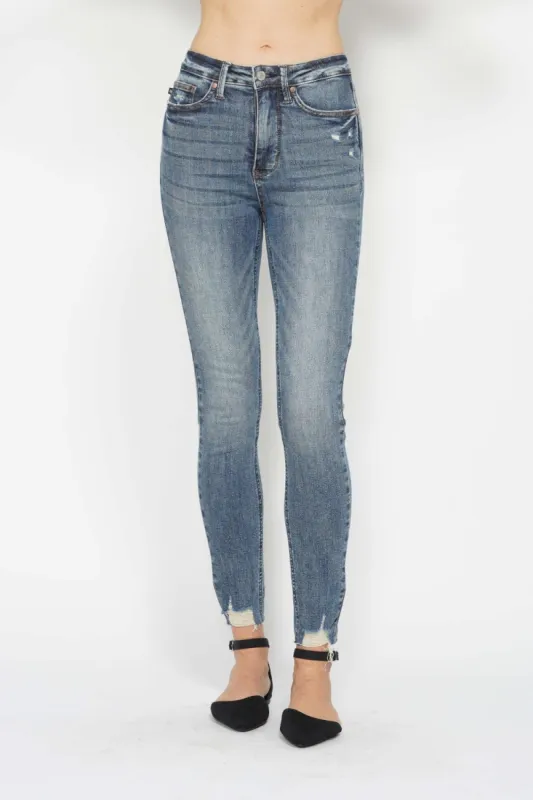 Judy Blue Full Size Tummy Control Vintage Wash Hem Destroy Skinny Jeans sold by Charming Charlie