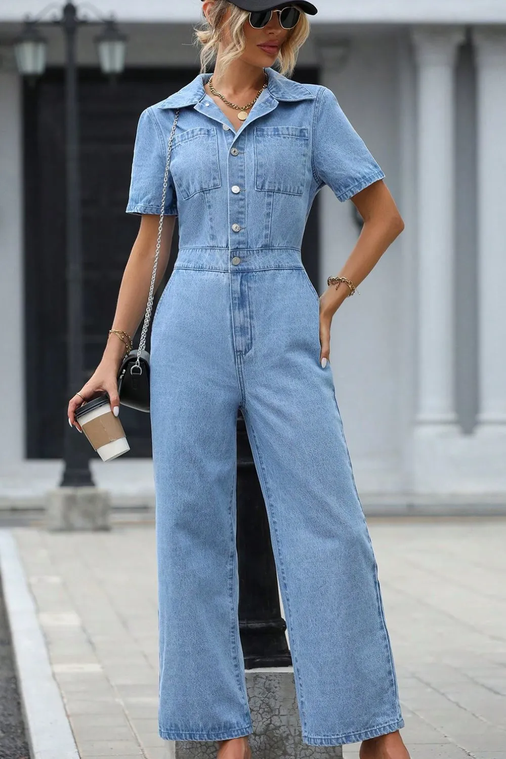 Short Sleeve Wide Leg Denim Jumpsuit sold by Charming Charlie product image thumbnail 4