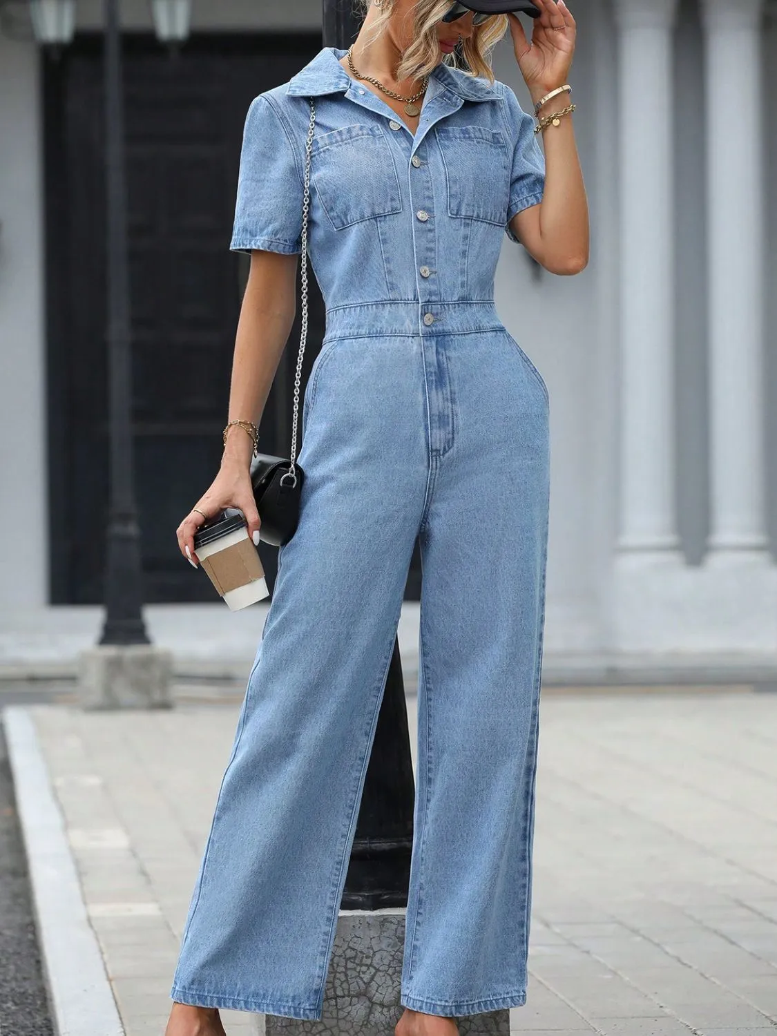 Short Sleeve Wide Leg Denim Jumpsuit sold by Charming Charlie