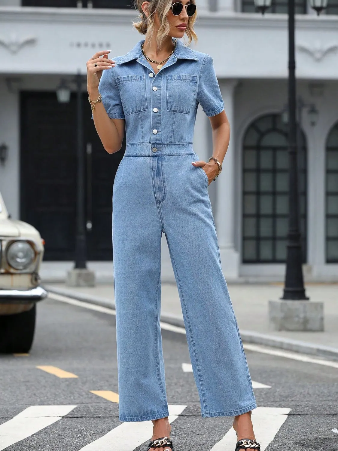 Short Sleeve Wide Leg Denim Jumpsuit sold by Charming Charlie product image thumbnail 3